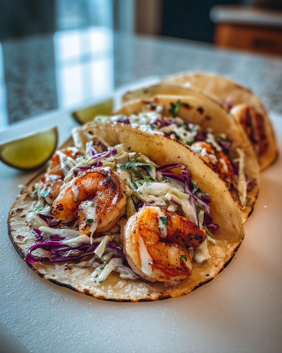 Close-up of shrimp tacos with cabbage slaw and lime crema on toasted tortillas with lime wedges.