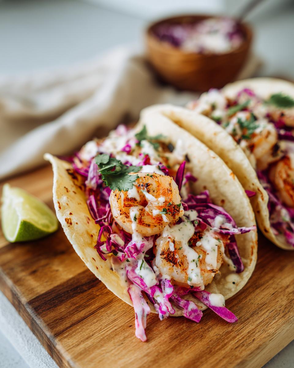 Close-up of shrimp tacos with cabbage slaw and lime crema on a wooden board with lime wedge