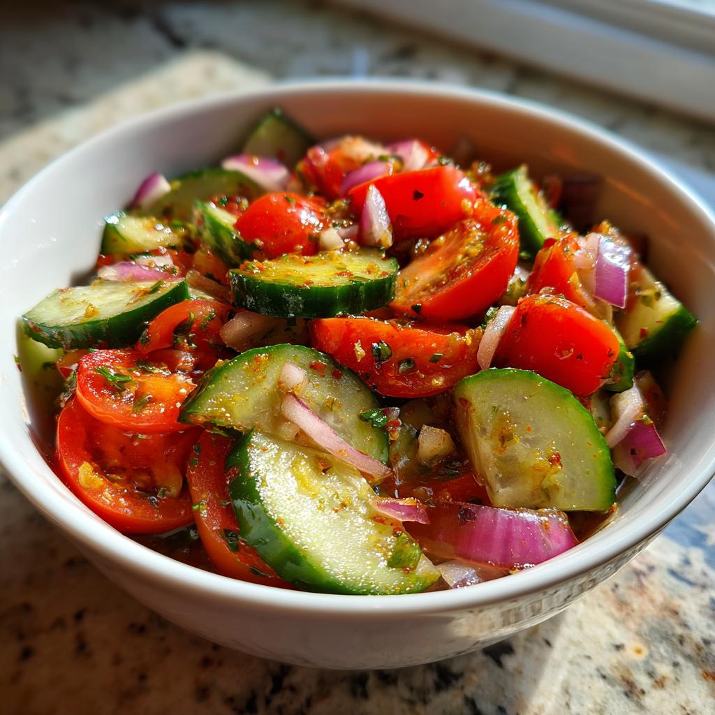 Bowl of side salad with cucumber, tomato, and onion seasoned with herbs and dressing