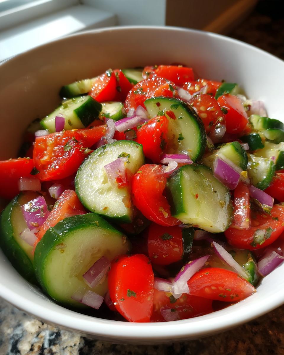 Bowl of fresh side salad with cucumber tomato and onion, garnished with herbs and dressing.