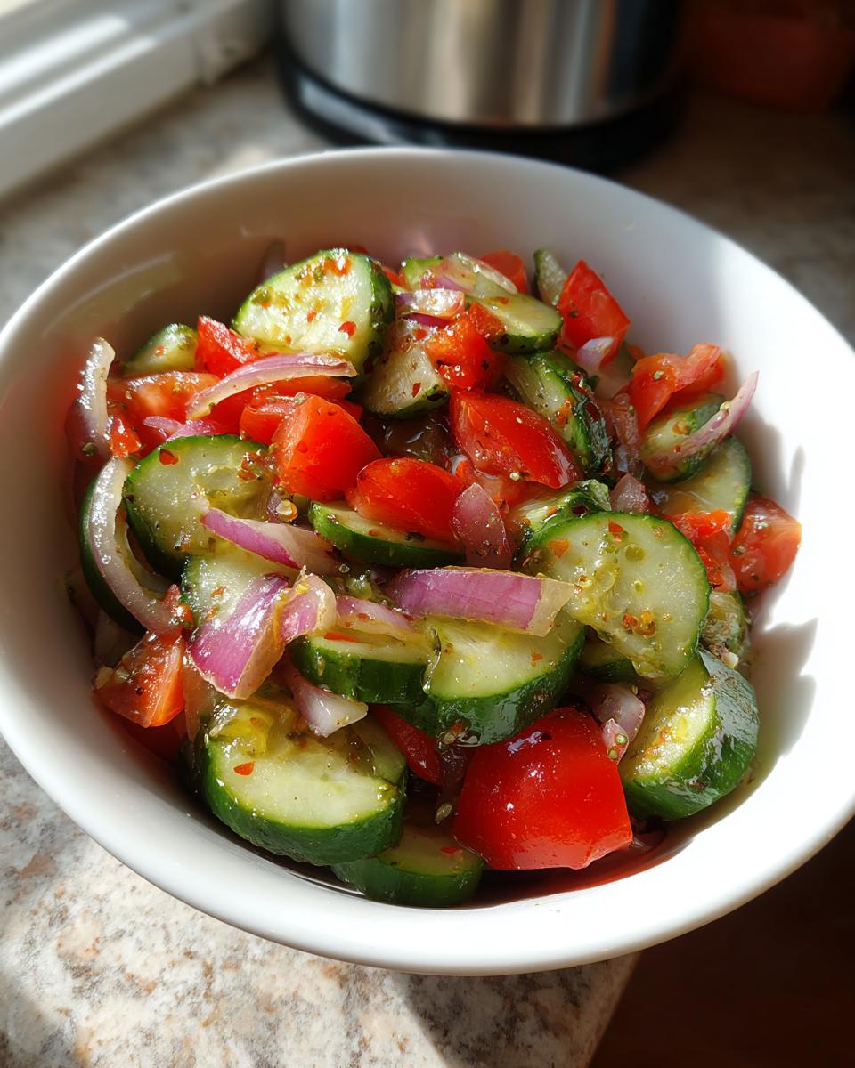 Bowl of side salad with cucumber, tomato, and onion mixed with herbs and dressing