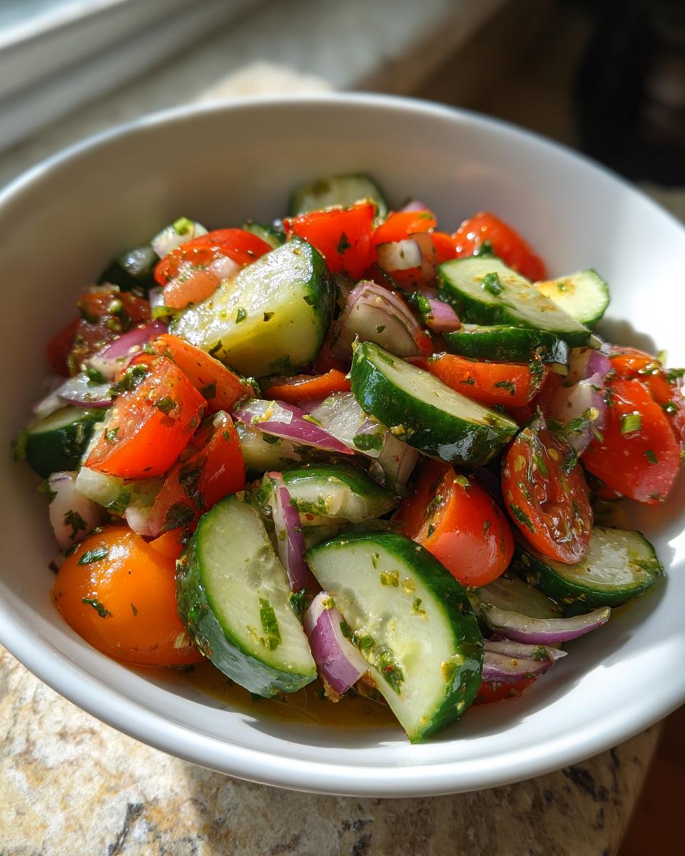 Bowl of side salad with cucumber tomato and onion mixed with herbs and dressing