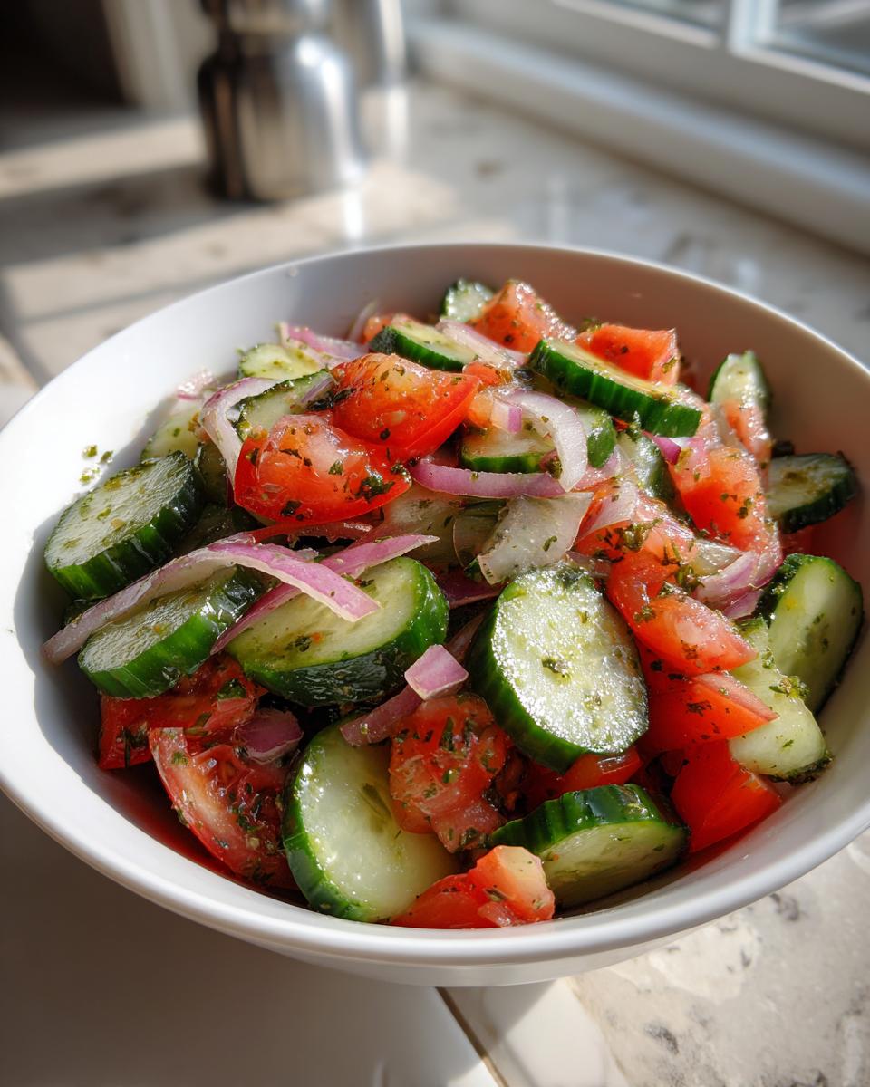 Bowl of side salad with cucumber, tomato, and onion mixed with herbs and dressing.