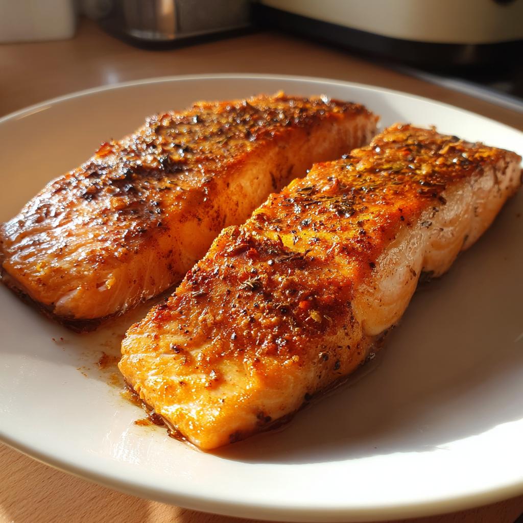 Two seasoned and cooked salmon fillets on a white plate, showcasing simple air fryer salmon recipes.