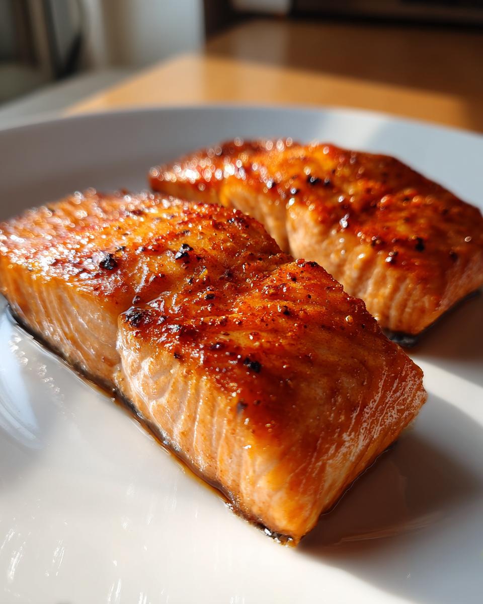 Two golden-brown simple air fryer salmon fillets on a white plate with a crispy exterior.