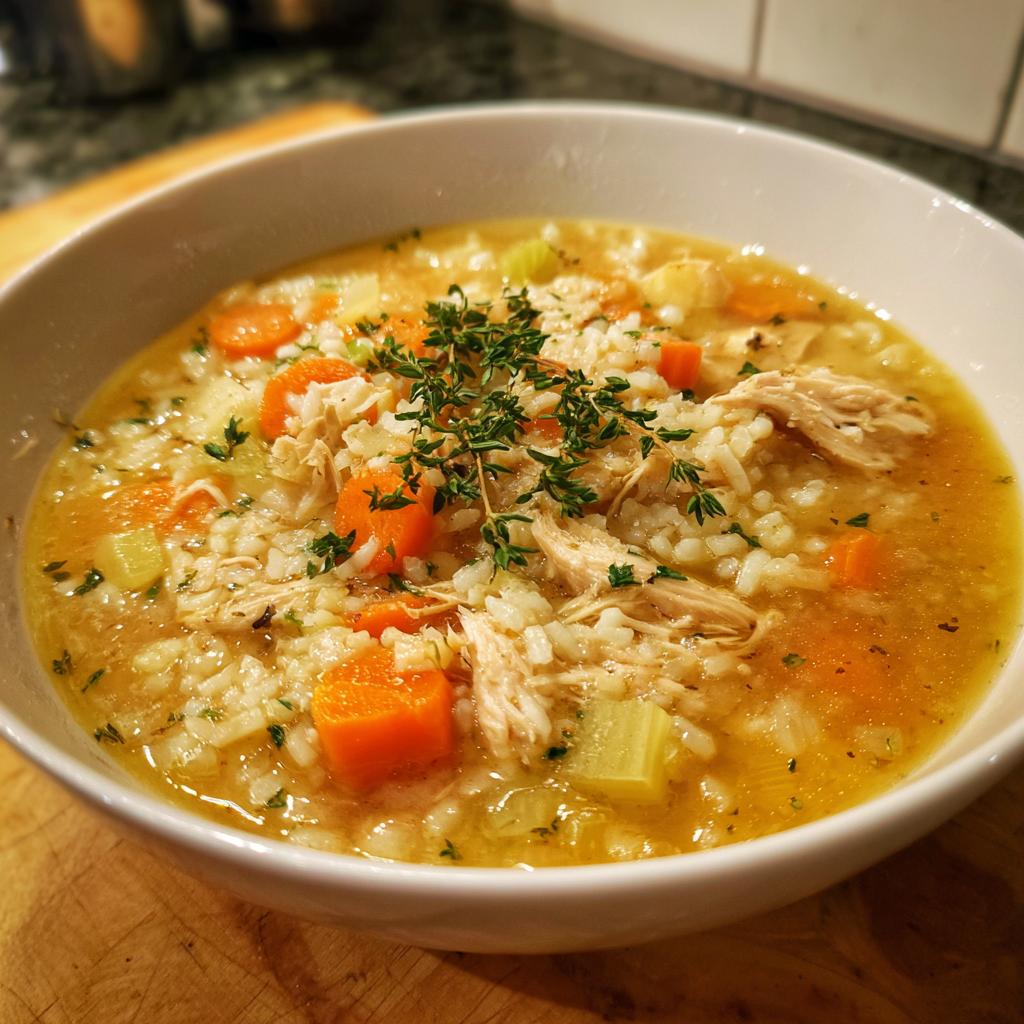 Bowl of simple chicken and rice soup with carrots, celery, and herbs on top.