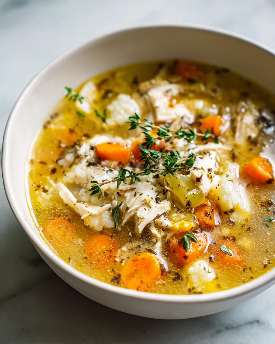Bowl of simple chicken and rice soup with carrots, celery, and herbs for meal prep
