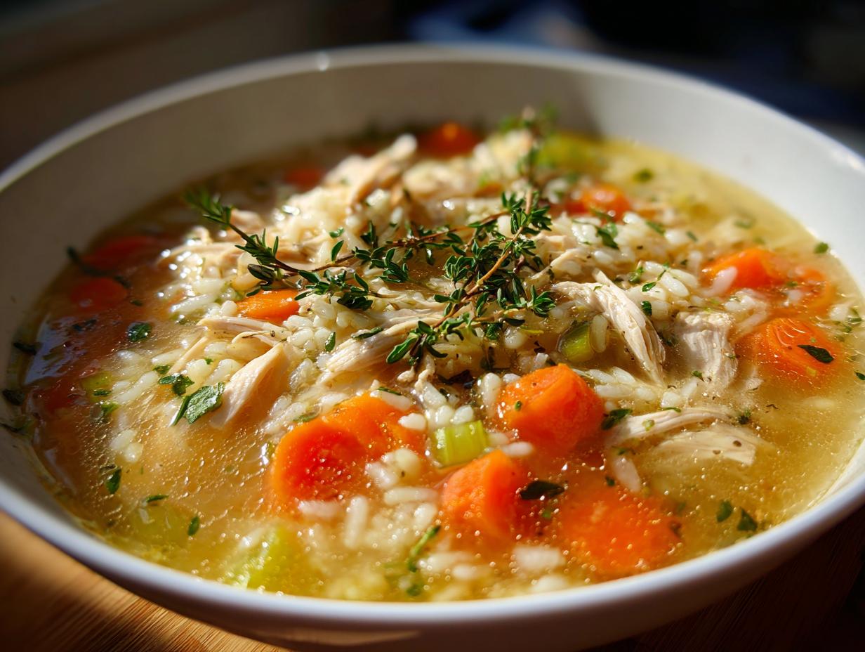 Bowl of simple chicken and rice soup with carrots, celery, and fresh herbs on top.