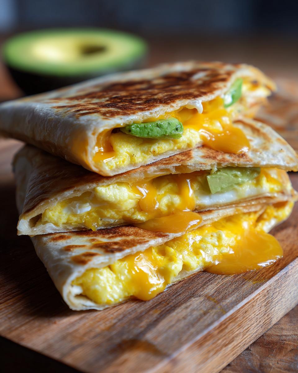Stack of simple egg and avocado breakfast quesadilla with melted cheese on wooden board