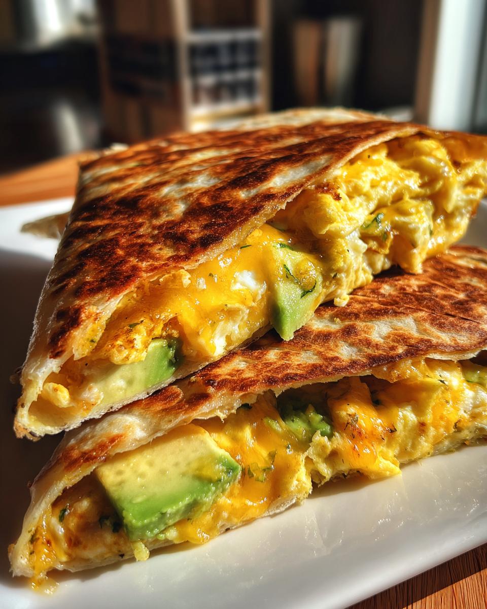 Close-up of a simple egg and avocado breakfast quesadilla with melted cheese and avocado slices.