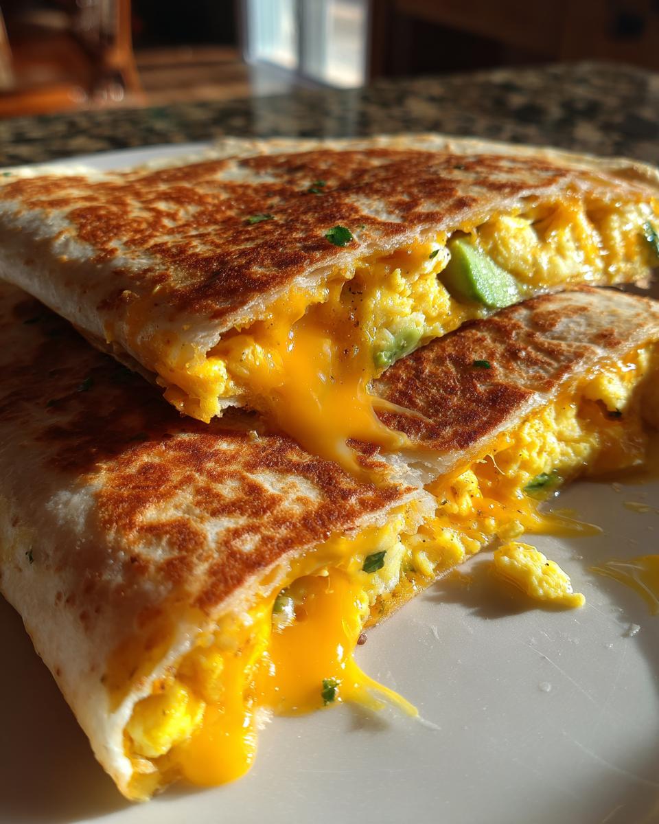 Close-up of a simple egg and avocado breakfast quesadilla with melted cheese oozing out.