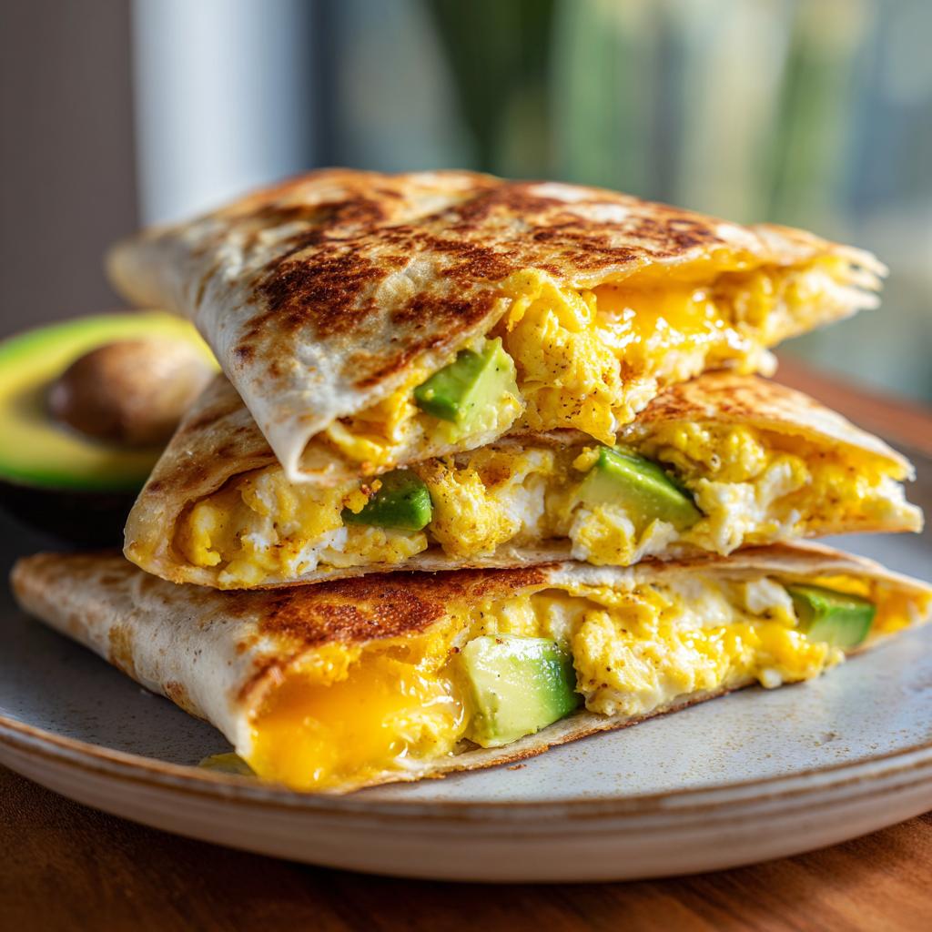 Close-up of simple egg and avocado breakfast quesadilla with melted cheese and avocado chunks