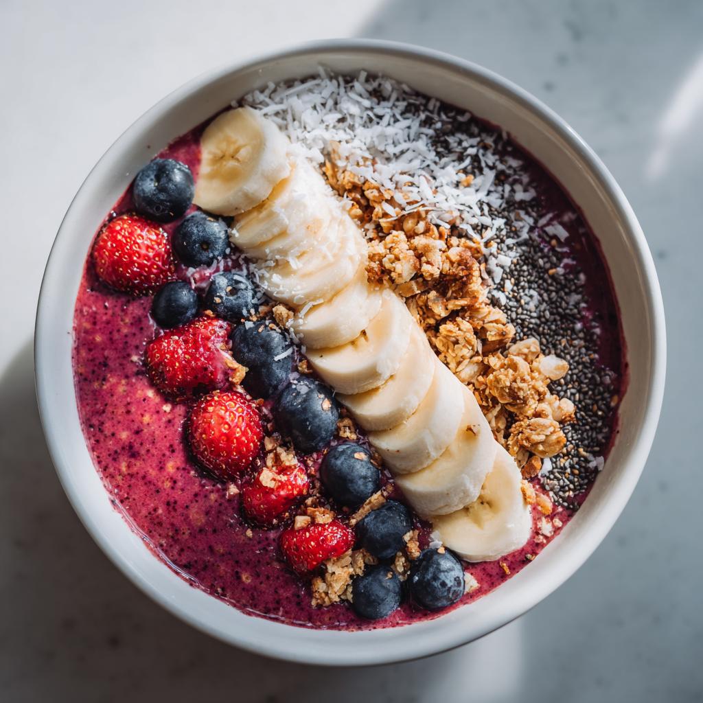 Simple smoothie bowl topped with banana slices, blueberries, strawberries, granola, chia seeds, and shredded coconut.
