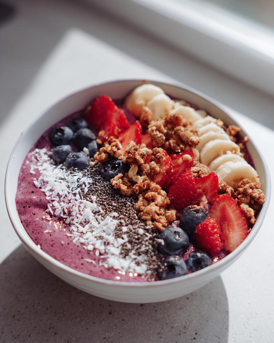 Bowl of simple smoothie bowl recipes topped with banana slices, strawberries, blueberries, chia seeds, coconut flakes, and granola.