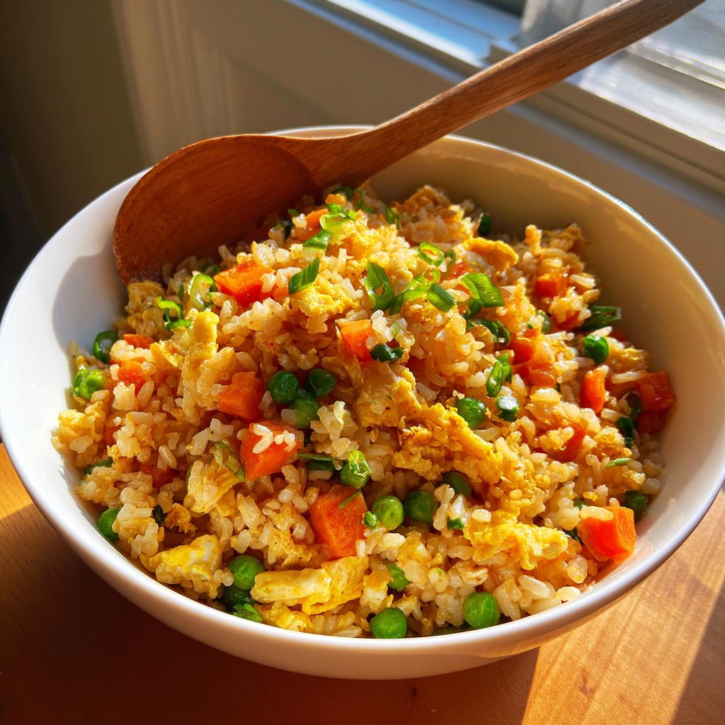 Bowl of simple veggie fried rice with scrambled egg, peas, carrots, and green onions with wooden spoon.