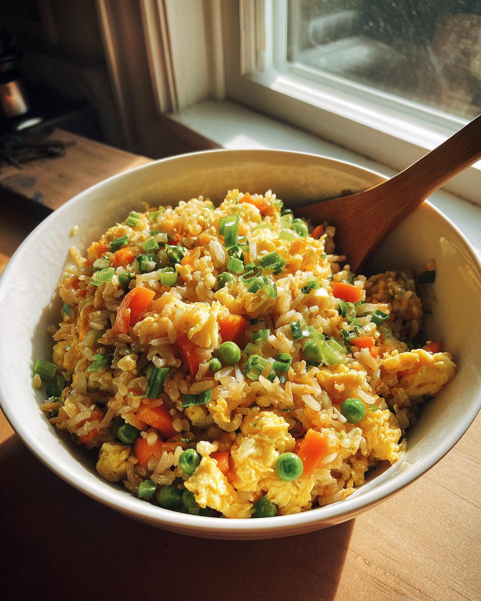 Close-up of simple veggie fried rice with scrambled egg, peas, carrots, and green onions in a bowl