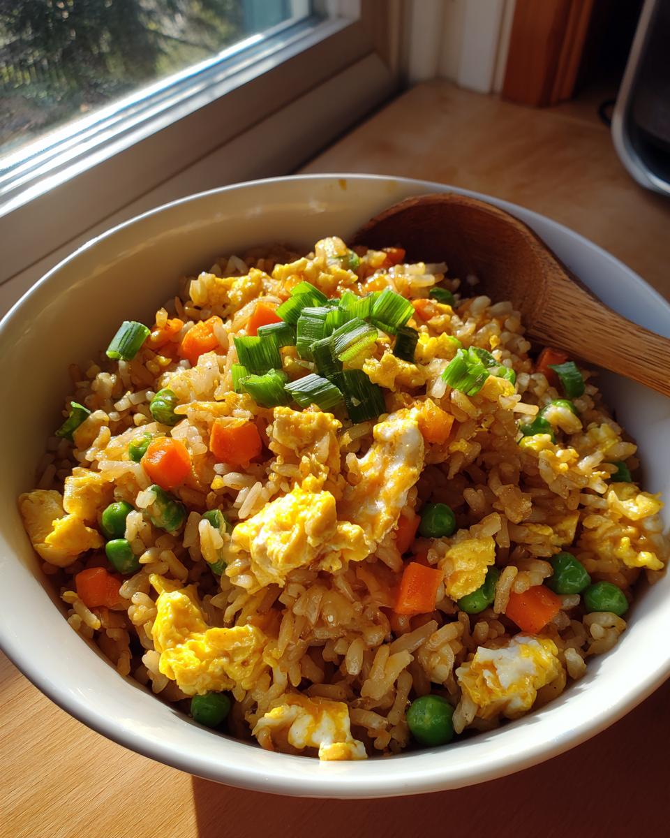 Bowl of simple veggie fried rice with scrambled egg, carrots, peas, and green onions.