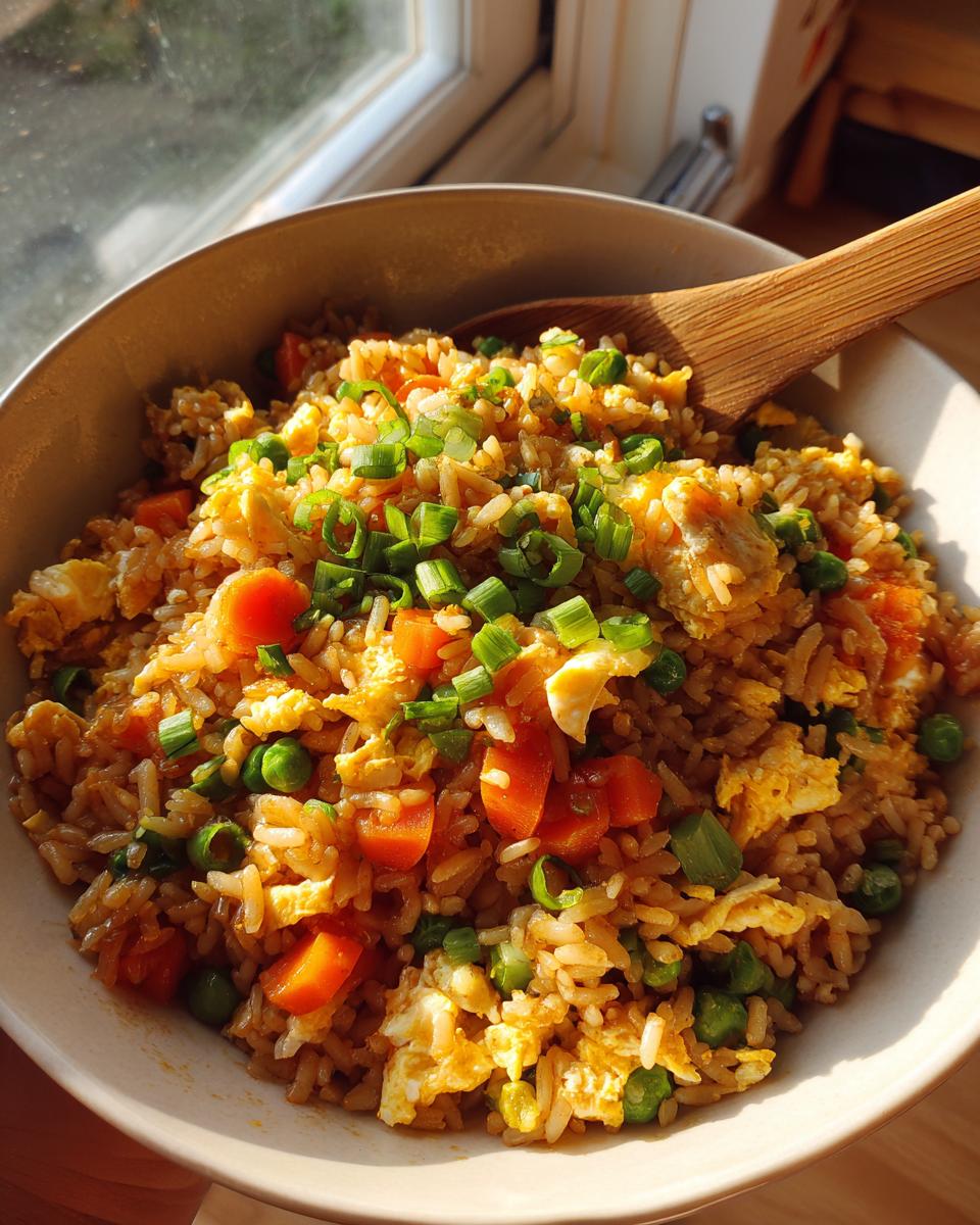Bowl of simple veggie fried rice with scrambled egg, carrots, peas, and green onions