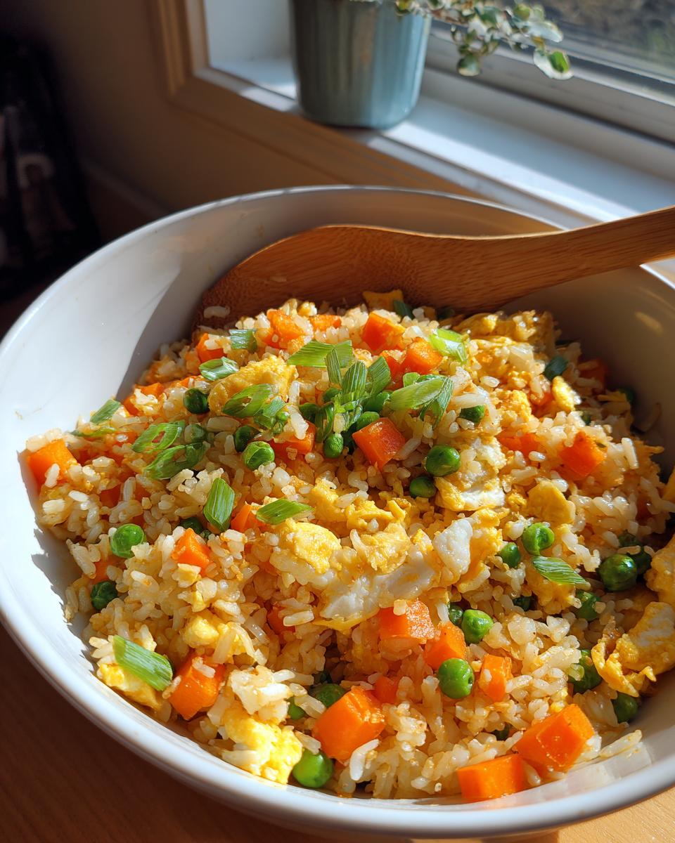 Bowl of simple veggie fried rice with scrambled egg, peas, carrots, and green onions.