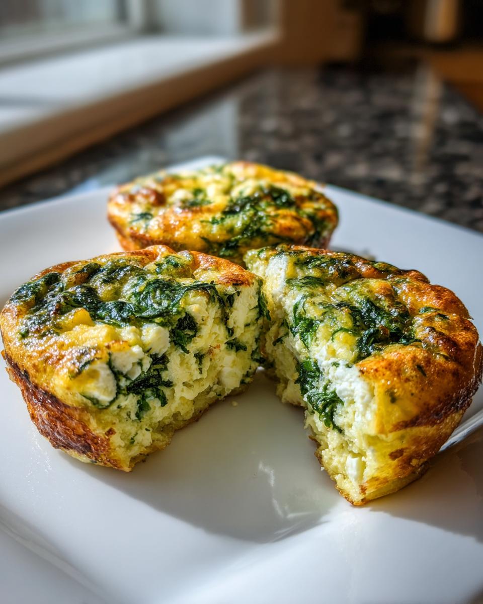 Three spinach feta egg muffins on a white plate, one cut in half showing fluffy interior