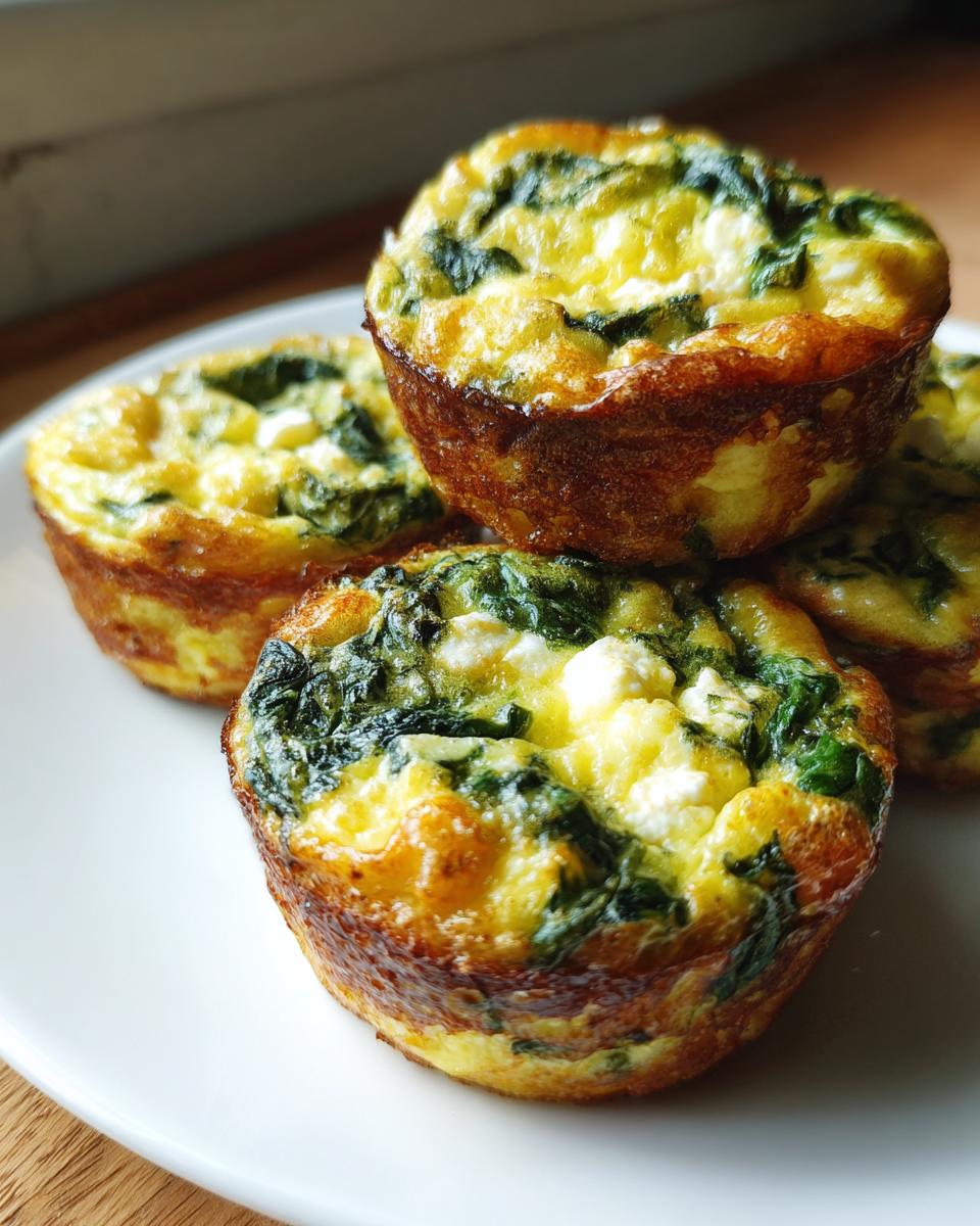 Close-up of golden spinach feta egg muffins on a white plate for suhoor meal prep