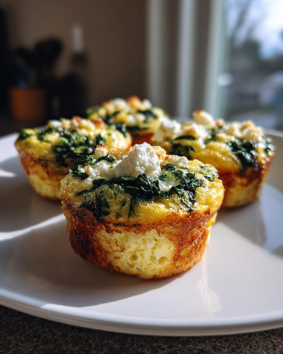 Close-up of three spinach feta egg muffins on a white plate for suhoor meal prep.