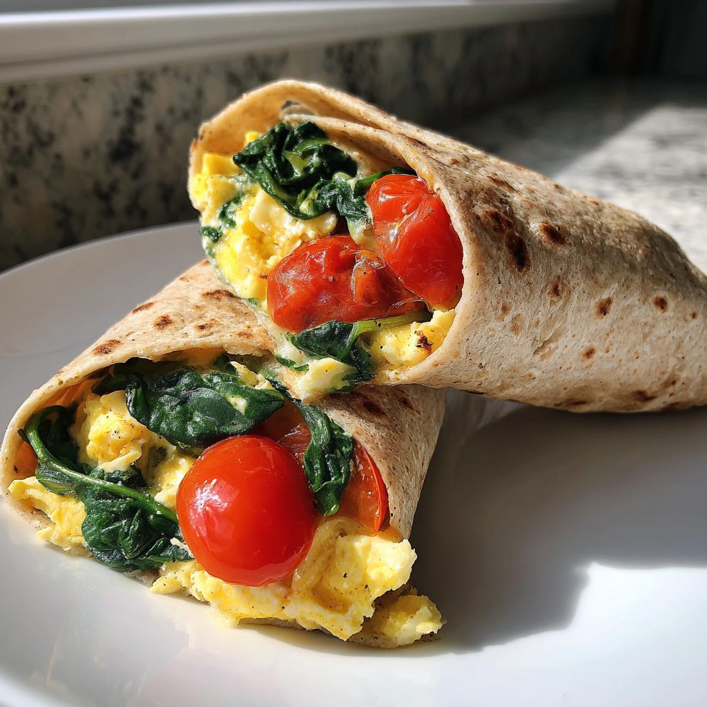 Close-up of a spinach and tomato egg white breakfast wrap cut in half on a white plate