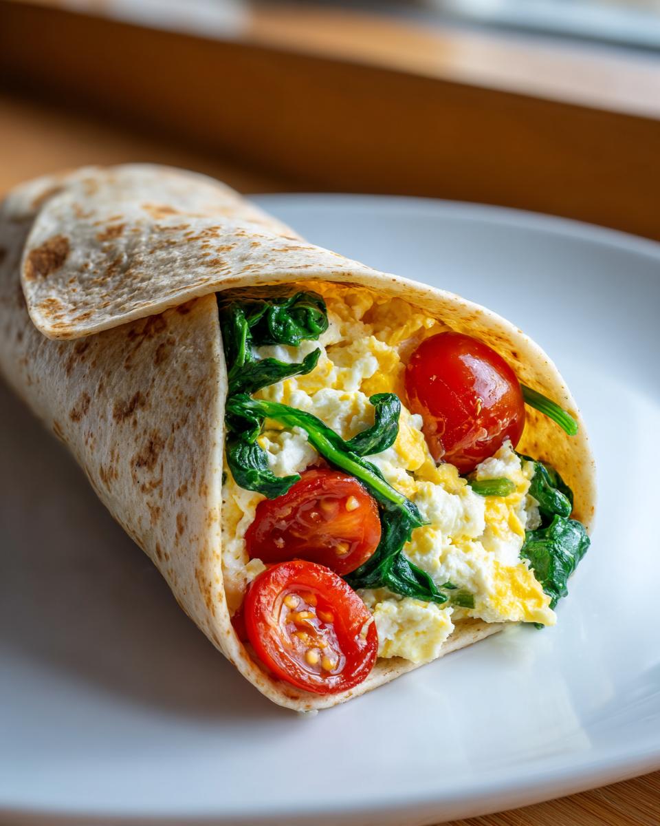 Close-up of spinach and tomato egg white breakfast wrap on a white plate.