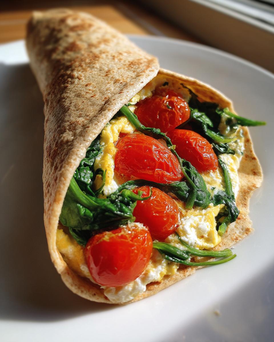 Close-up of a spinach and tomato egg white breakfast wrap on a white plate.