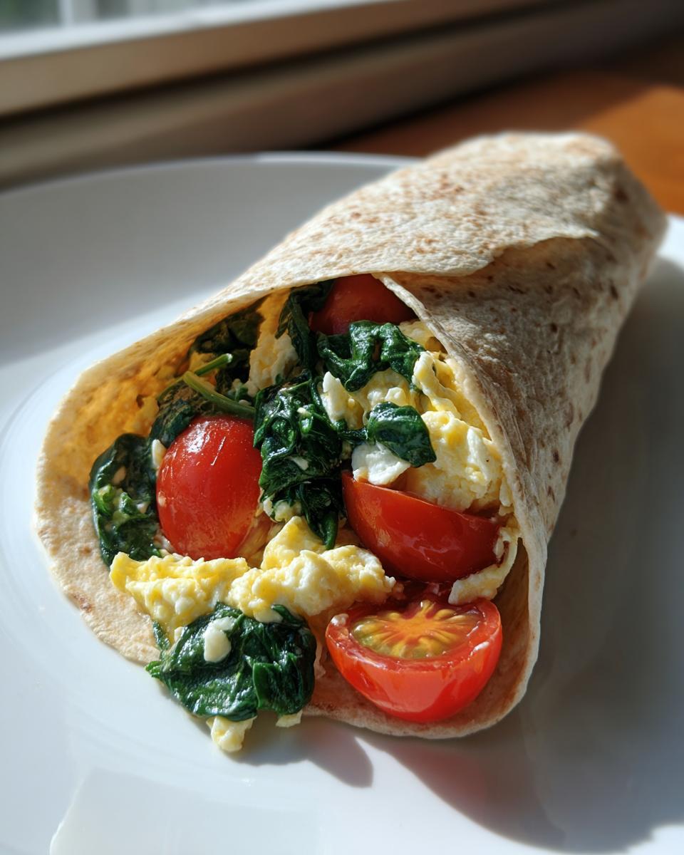 Spinach and tomato egg white breakfast wrap with fresh tomatoes and spinach inside a tortilla