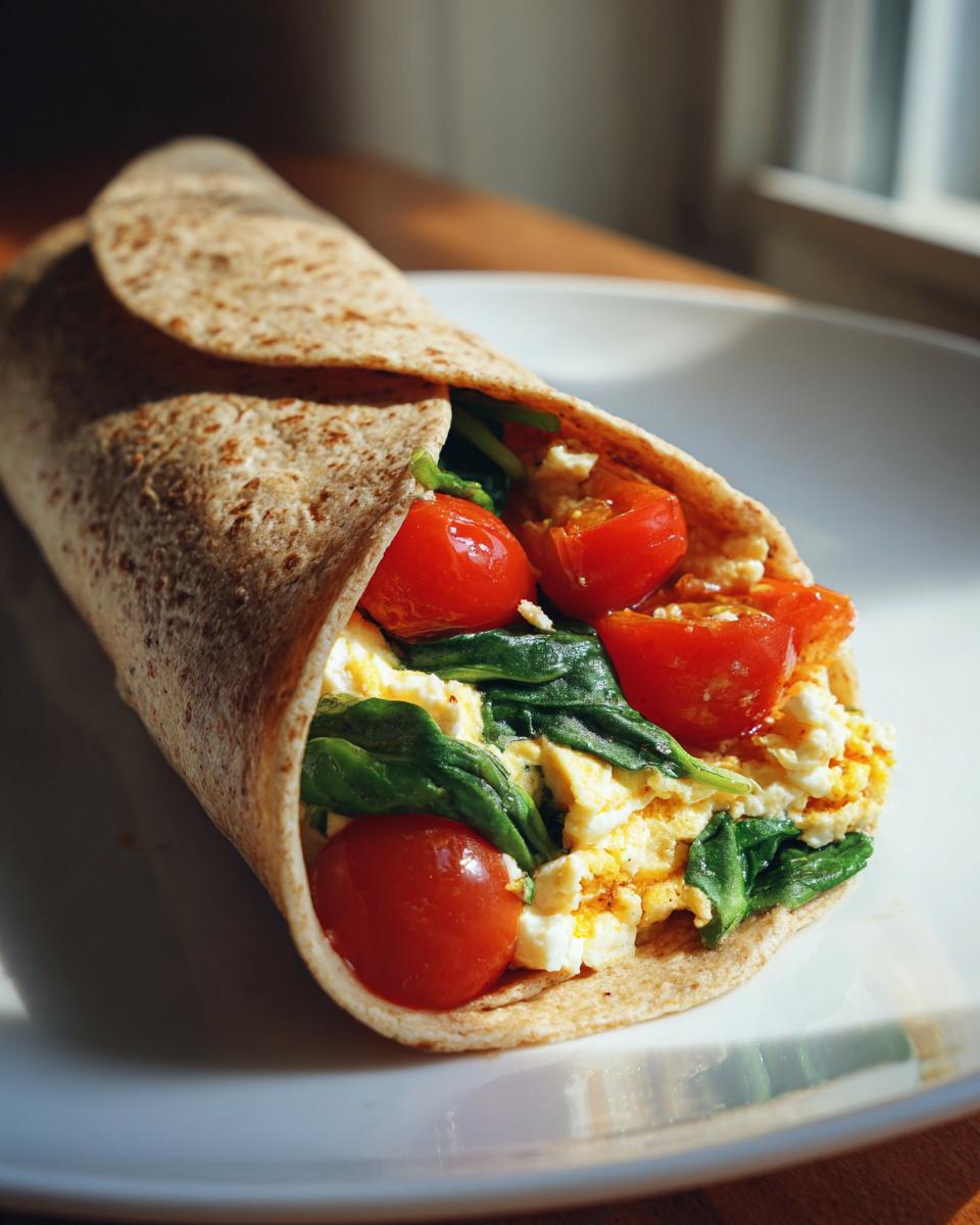 Close-up of a spinach and tomato egg white breakfast wrap on a white plate.