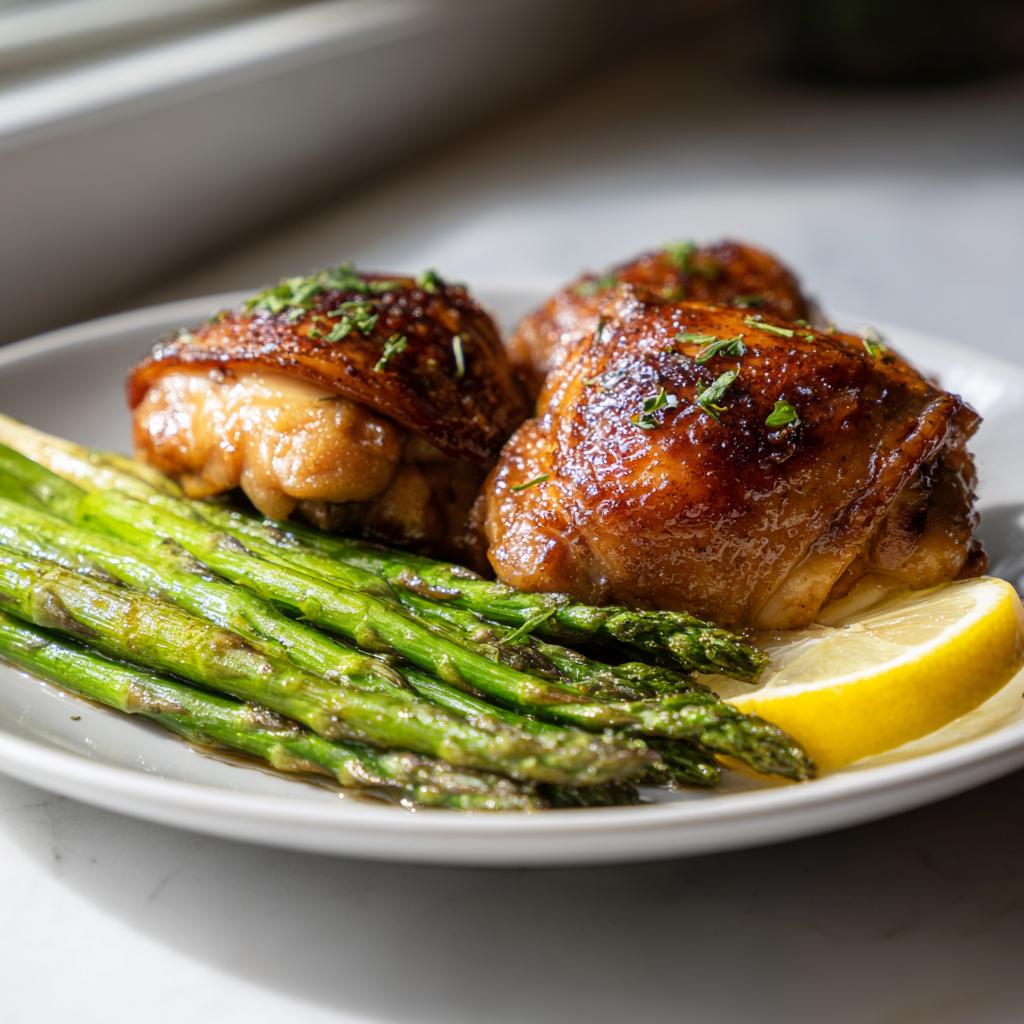 Plate with roasted spring chicken thighs, grilled asparagus, and lemon wedge