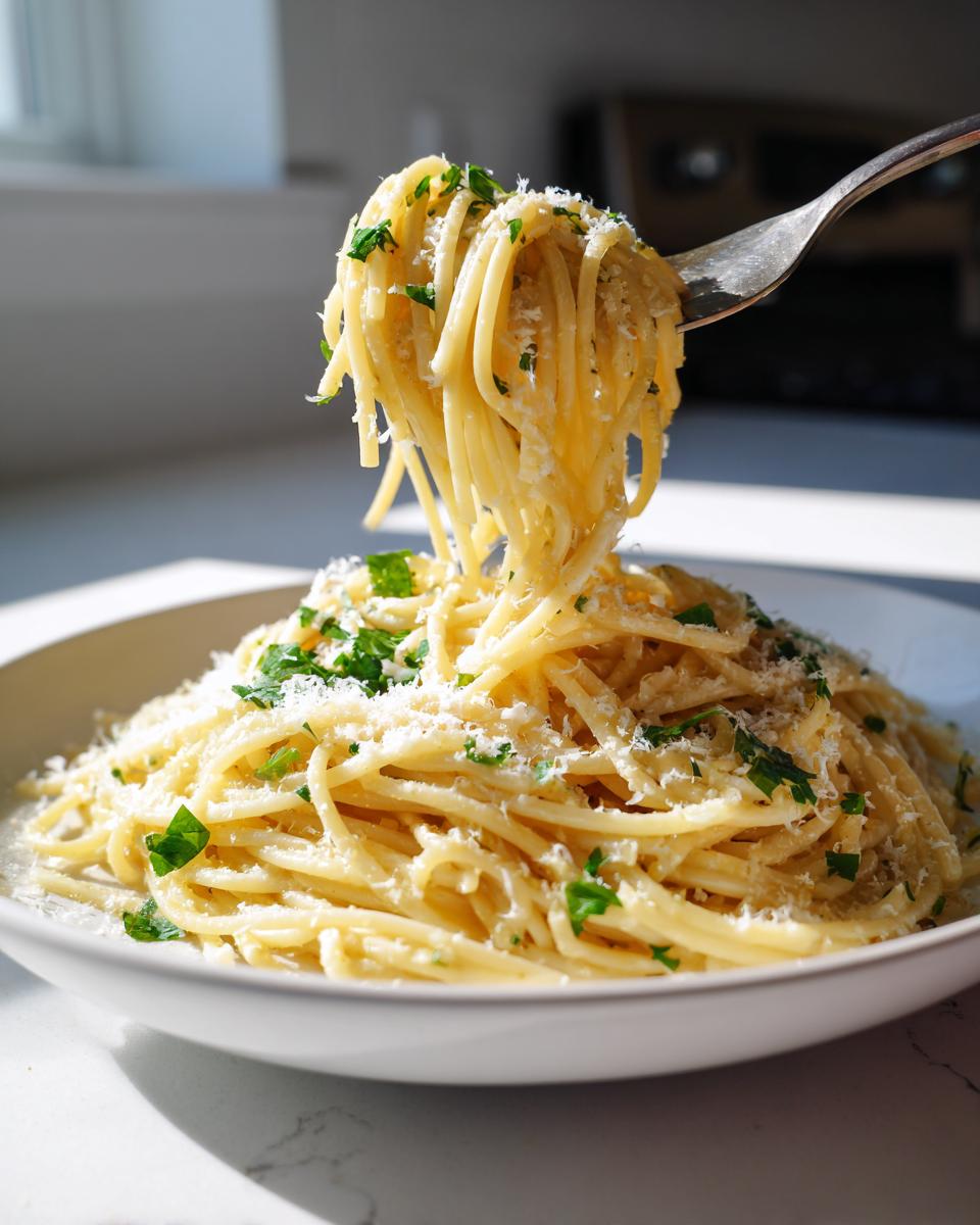 Fork lifting spaghetti pasta garnished with parsley and grated cheese in a white bowl, spring lemon pasta recipes