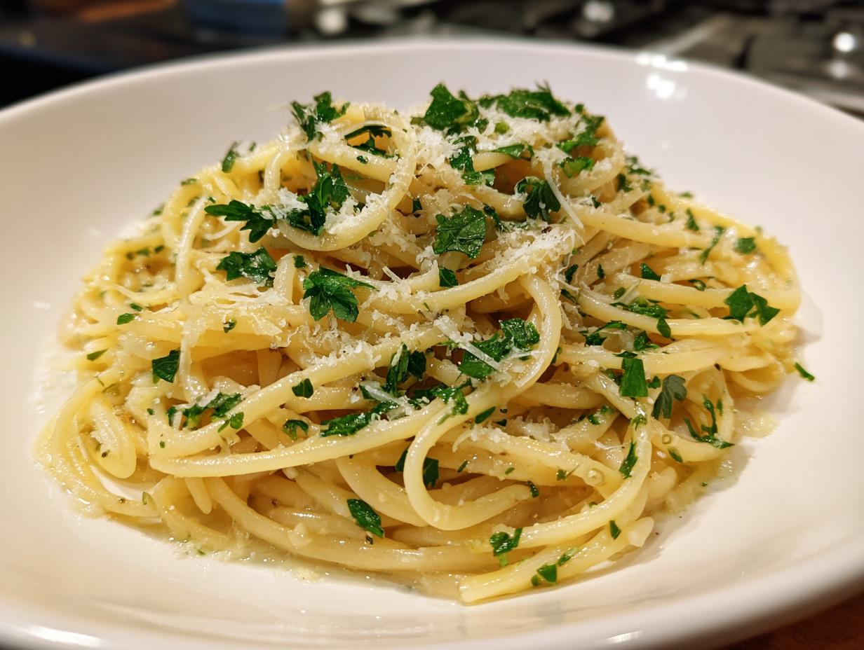 Close-up of spring lemon pasta recipes with spaghetti, fresh herbs, and grated Parmesan cheese