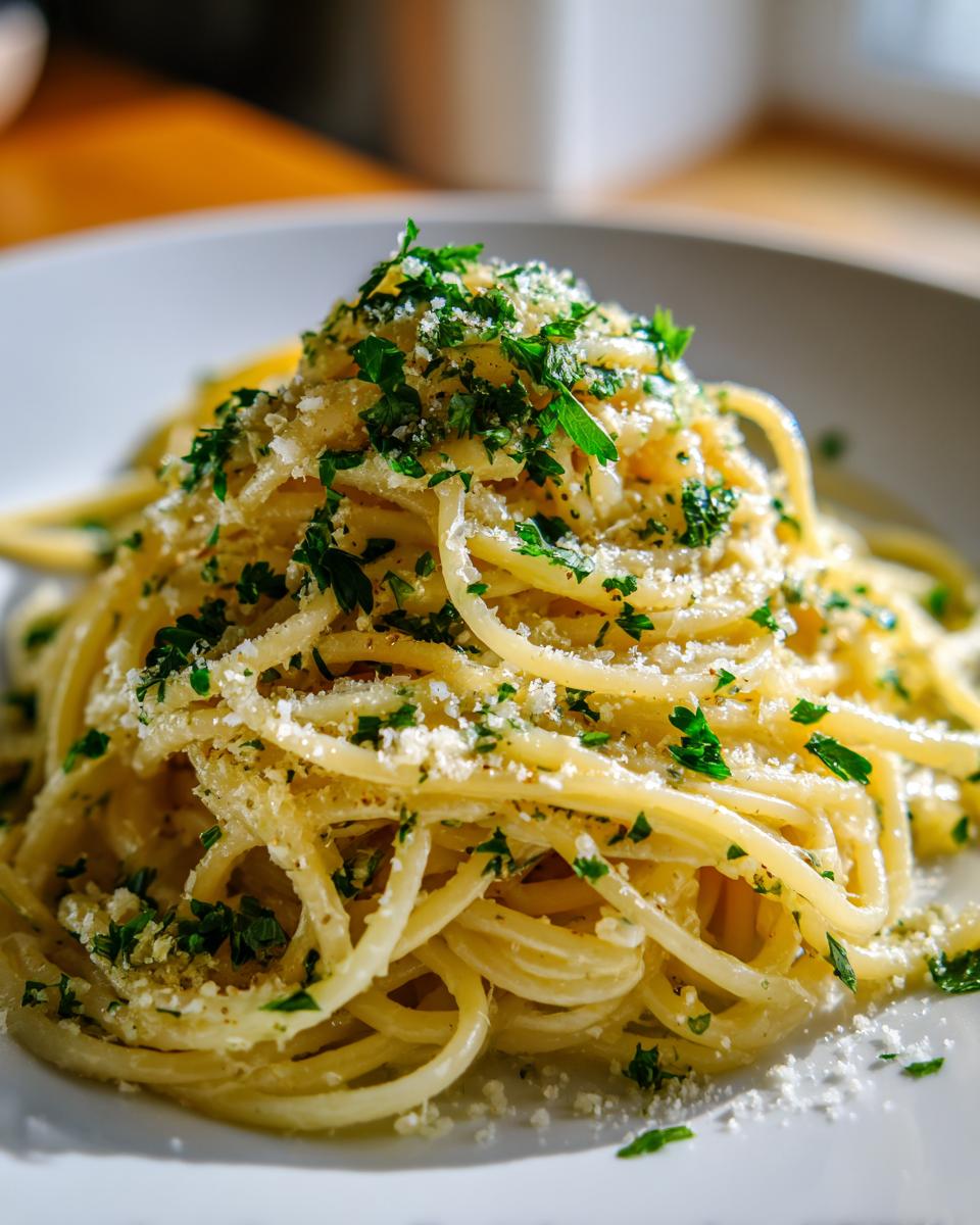 Close-up of spring lemon pasta recipes with spaghetti, parsley, and grated cheese on a white plate.