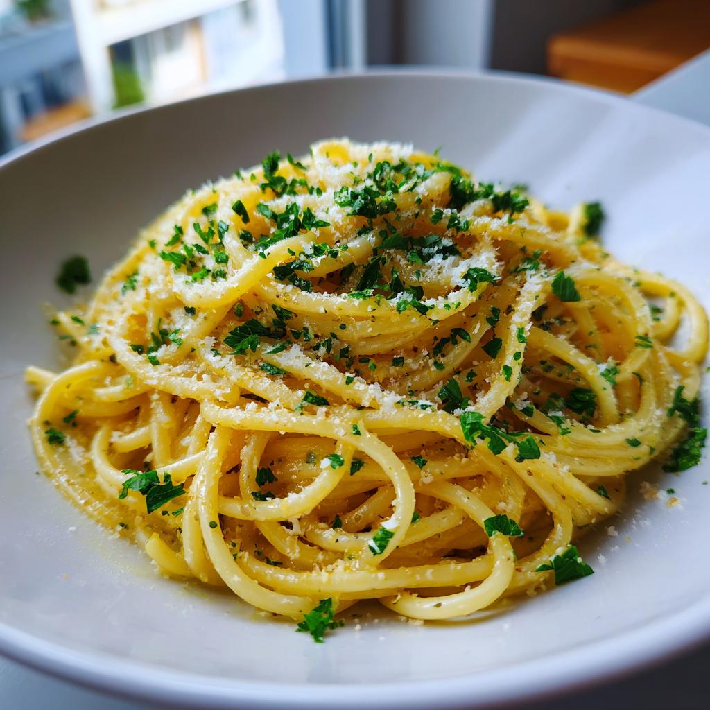 Plate of spring lemon pasta recipes garnished with chopped parsley and grated parmesan cheese