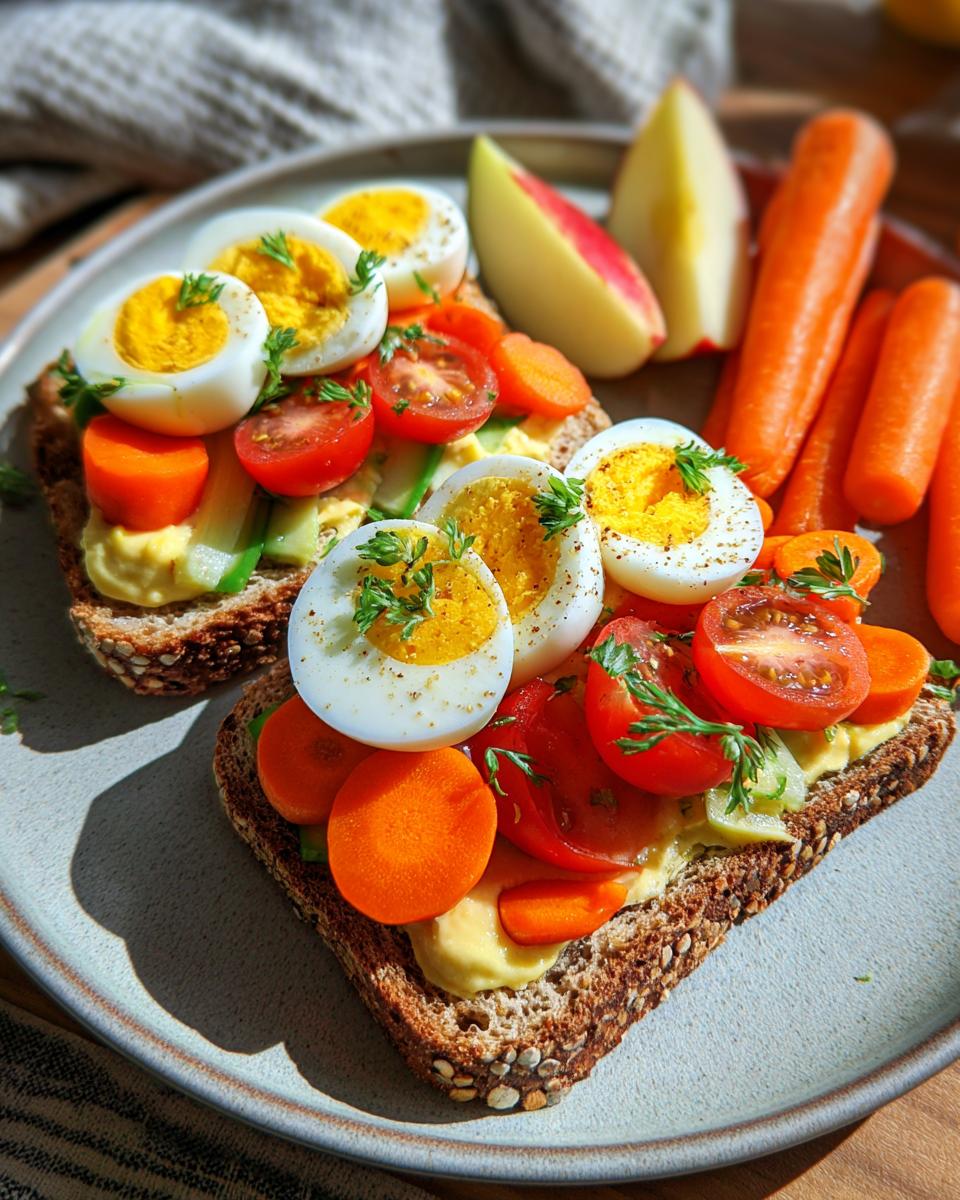 Open sandwiches topped with sliced boiled eggs, cherry tomatoes, carrots, and herbs on whole grain bread.
