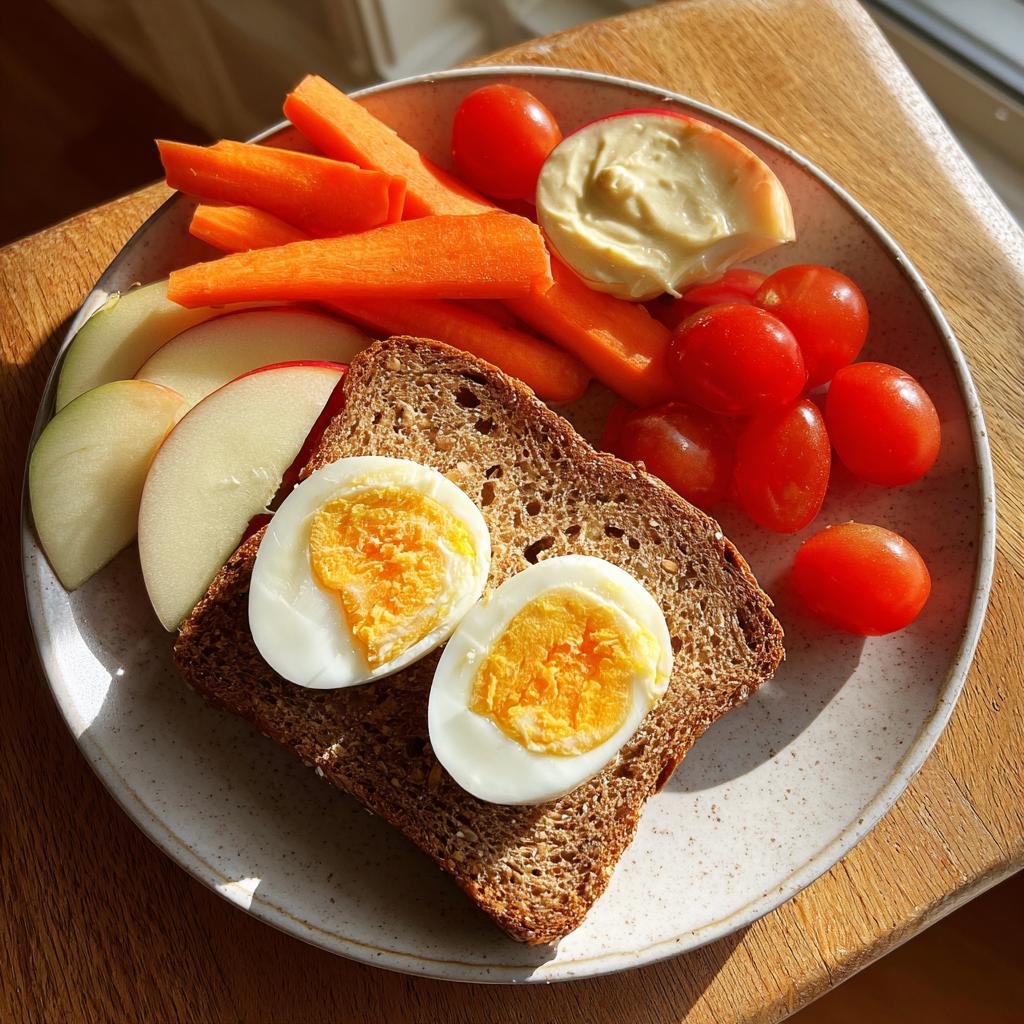 Plate with whole grain toast topped with boiled egg slices, carrot sticks, grape tomatoes, apple slices, and dip.
