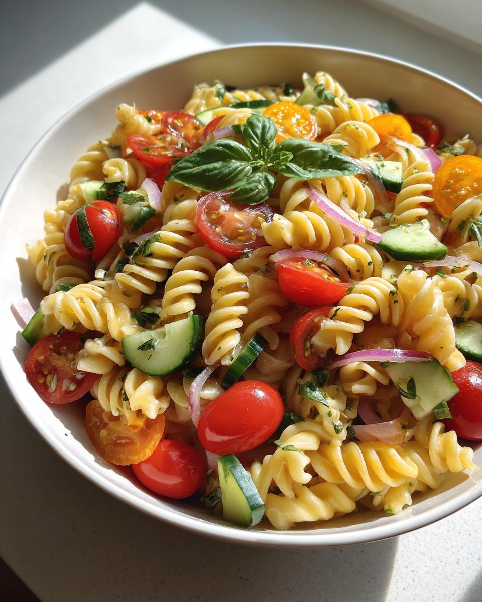 Bowl of spring pasta salad recipes with rotini pasta, cherry tomatoes, cucumber, red onion, and basil leaves