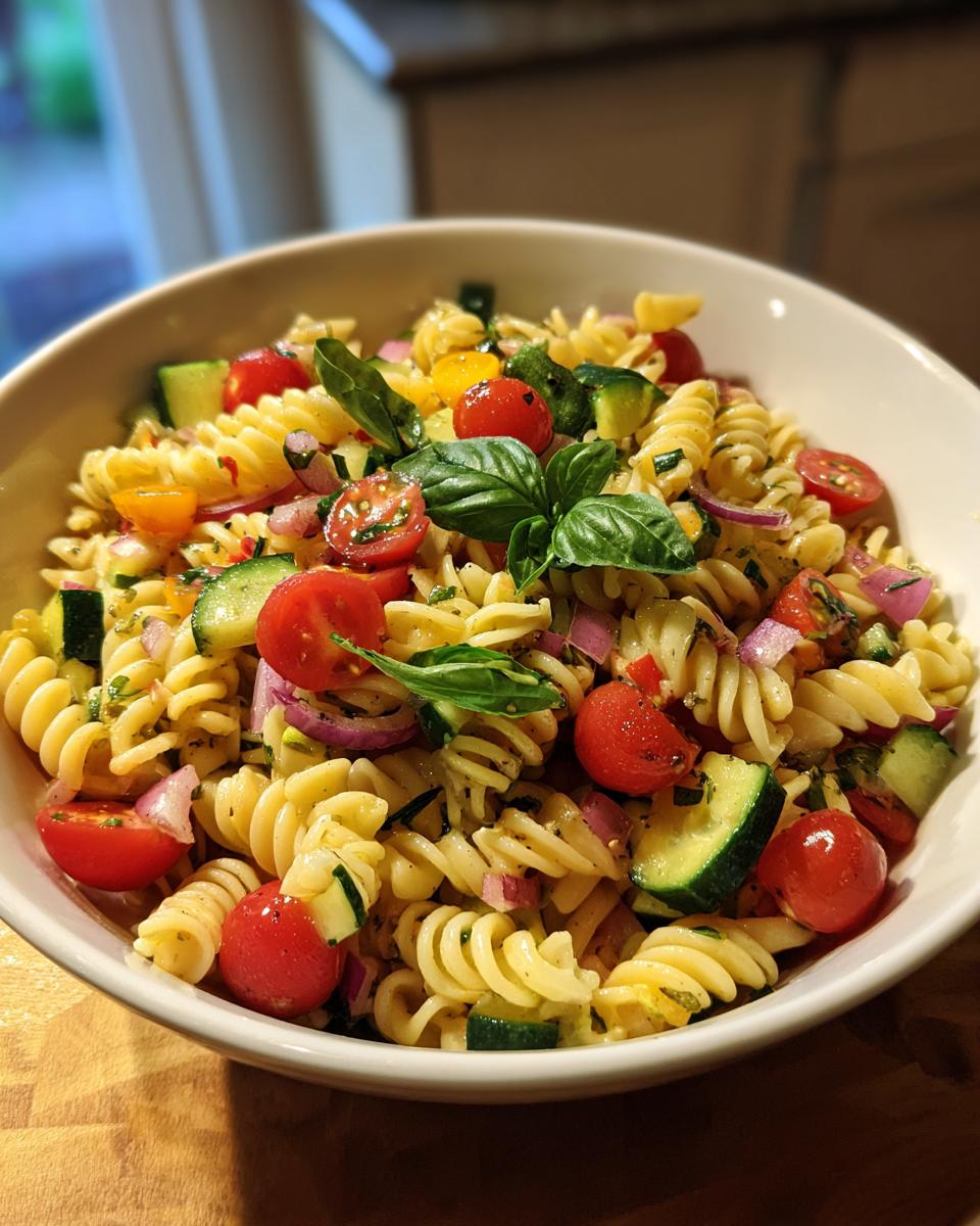 Bowl of spring pasta salad recipes with rotini pasta, cherry tomatoes, zucchini, red onion, and basil leaves.