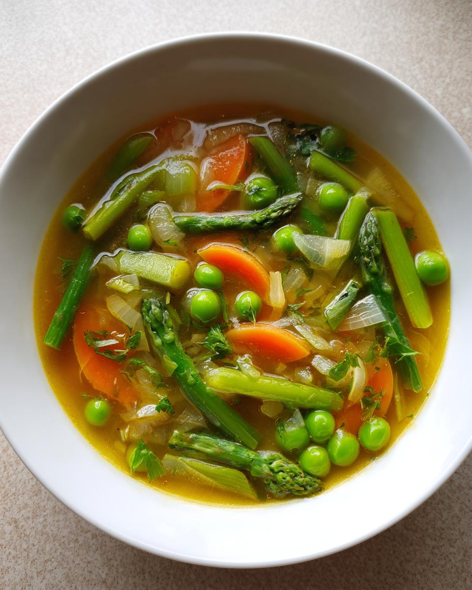 Bowl of spring soup ideas light with asparagus, peas, carrots, and herbs in clear broth.