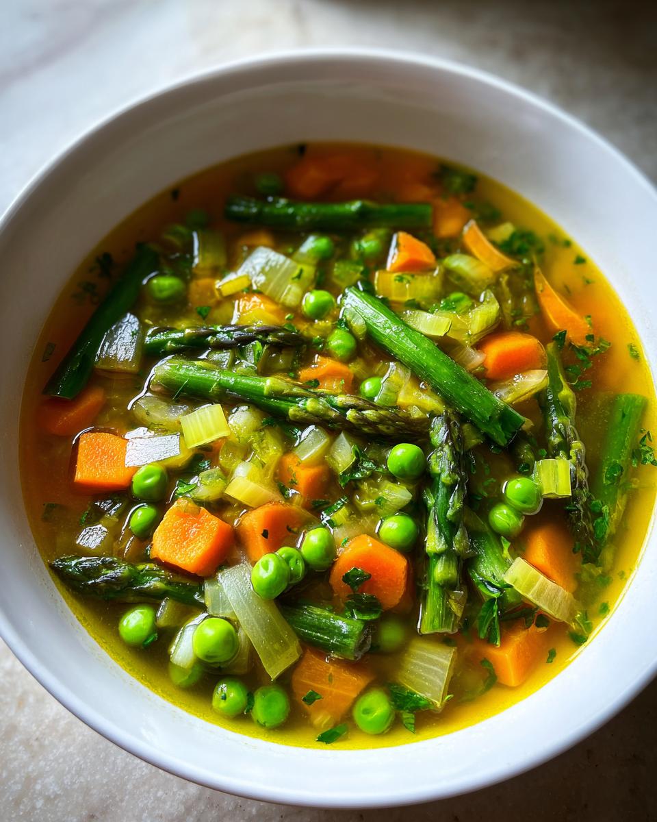 Bowl of spring soup ideas light with asparagus, peas, carrots, and celery in broth