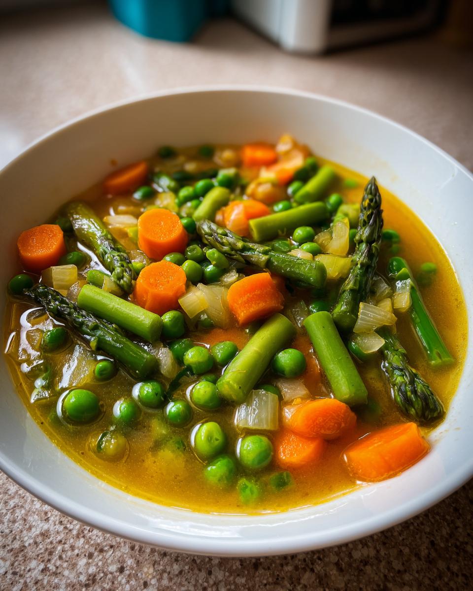 Bowl of spring soup ideas light with asparagus, carrots, peas, and onions in broth.