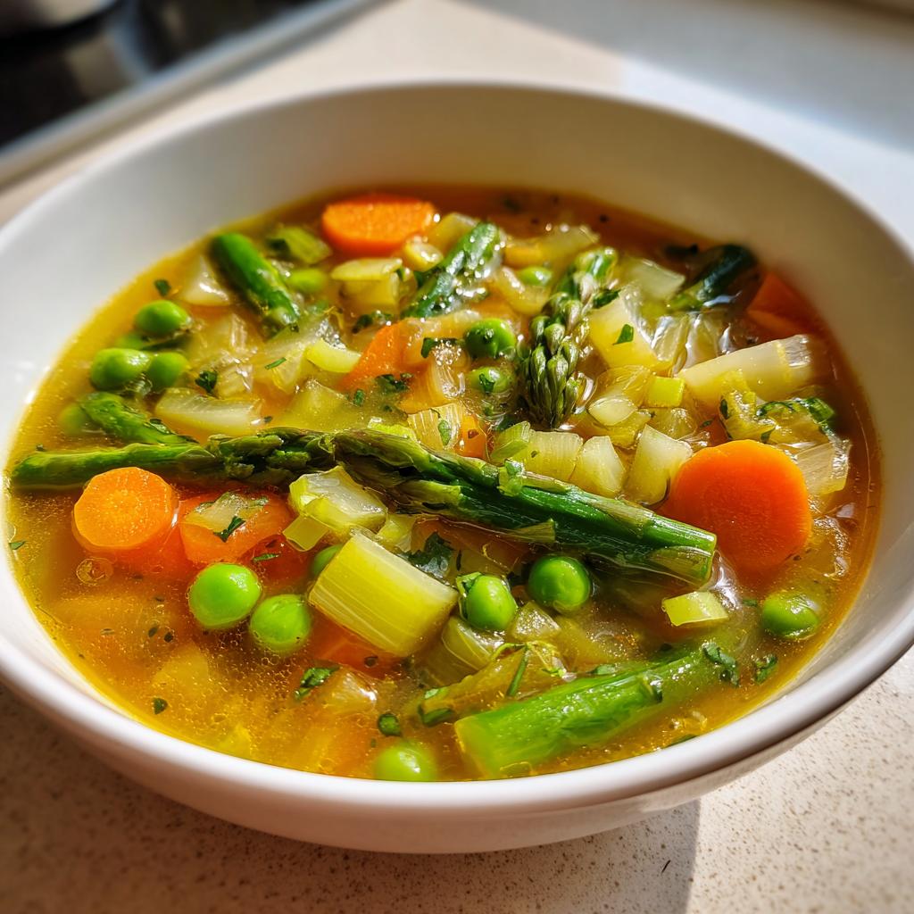 Bowl of light spring soup ideas light with asparagus, peas, carrots, and celery in broth.