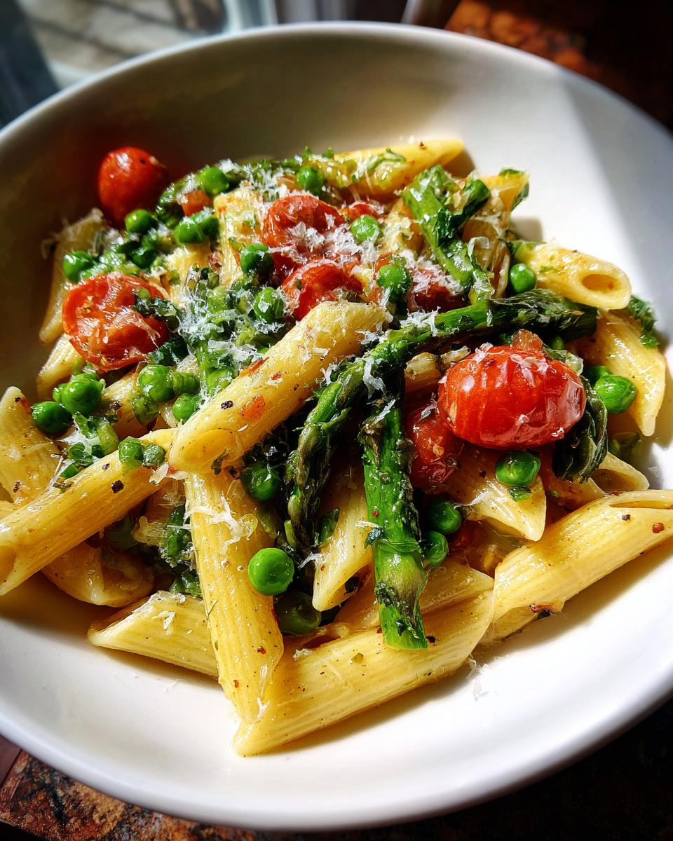 Bowl of spring veggie pasta with penne, asparagus, peas, cherry tomatoes, and grated cheese