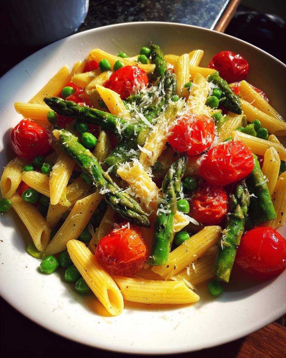 Plate of spring veggie pasta with penne, asparagus, cherry tomatoes, peas, and grated cheese.