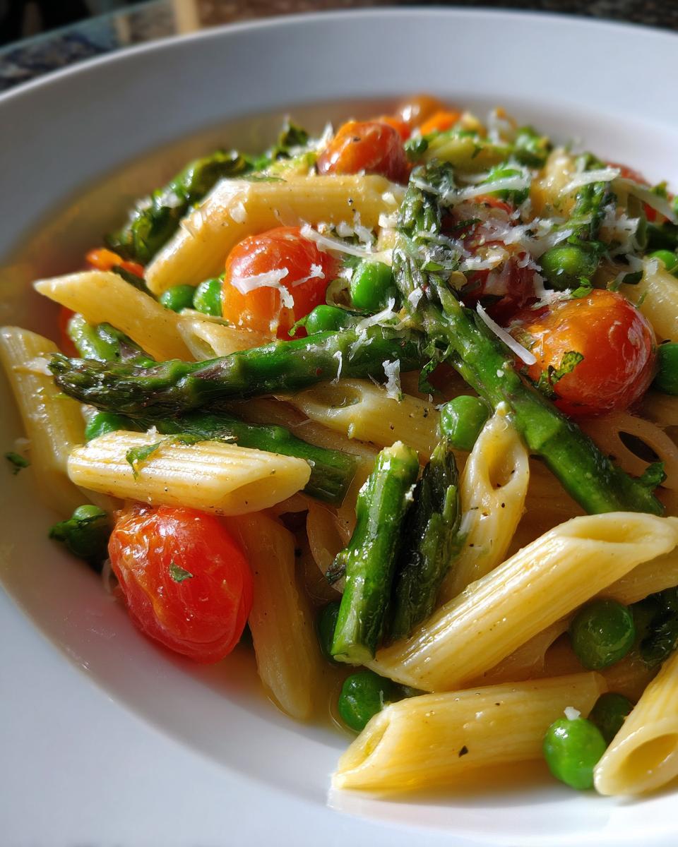 Close-up of spring veggie pasta recipes with penne, asparagus, peas, and cherry tomatoes topped with grated cheese.