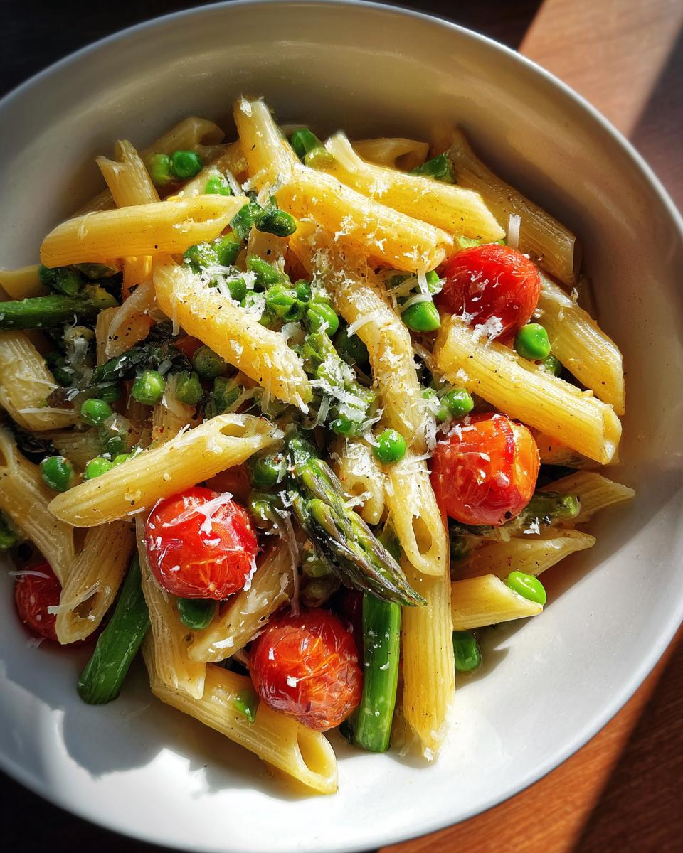 Bowl of spring veggie pasta recipes with penne, cherry tomatoes, peas, asparagus, and grated cheese