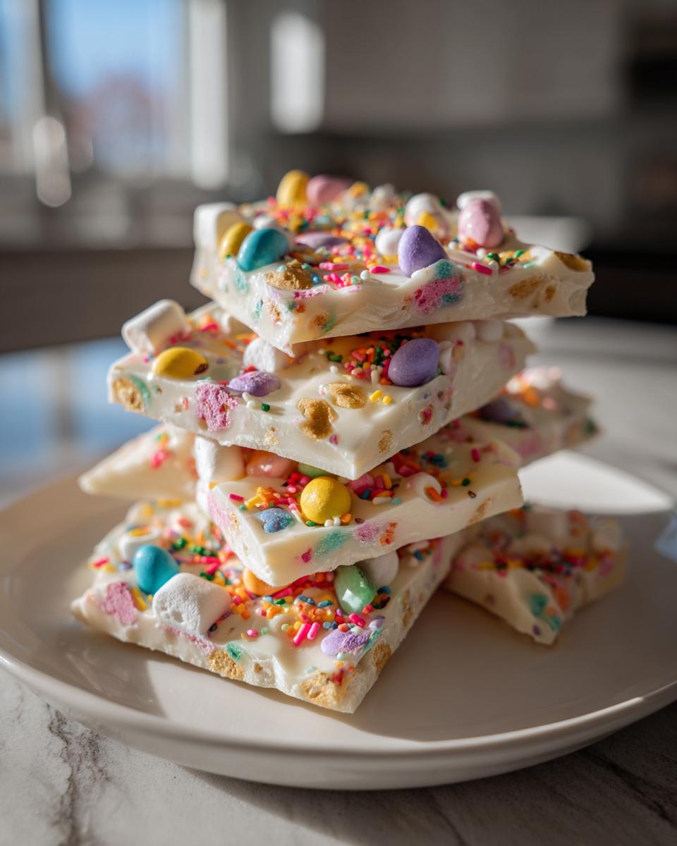 Close-up of stacked easter candy bark with colorful sprinkles and candy pieces on white plate.