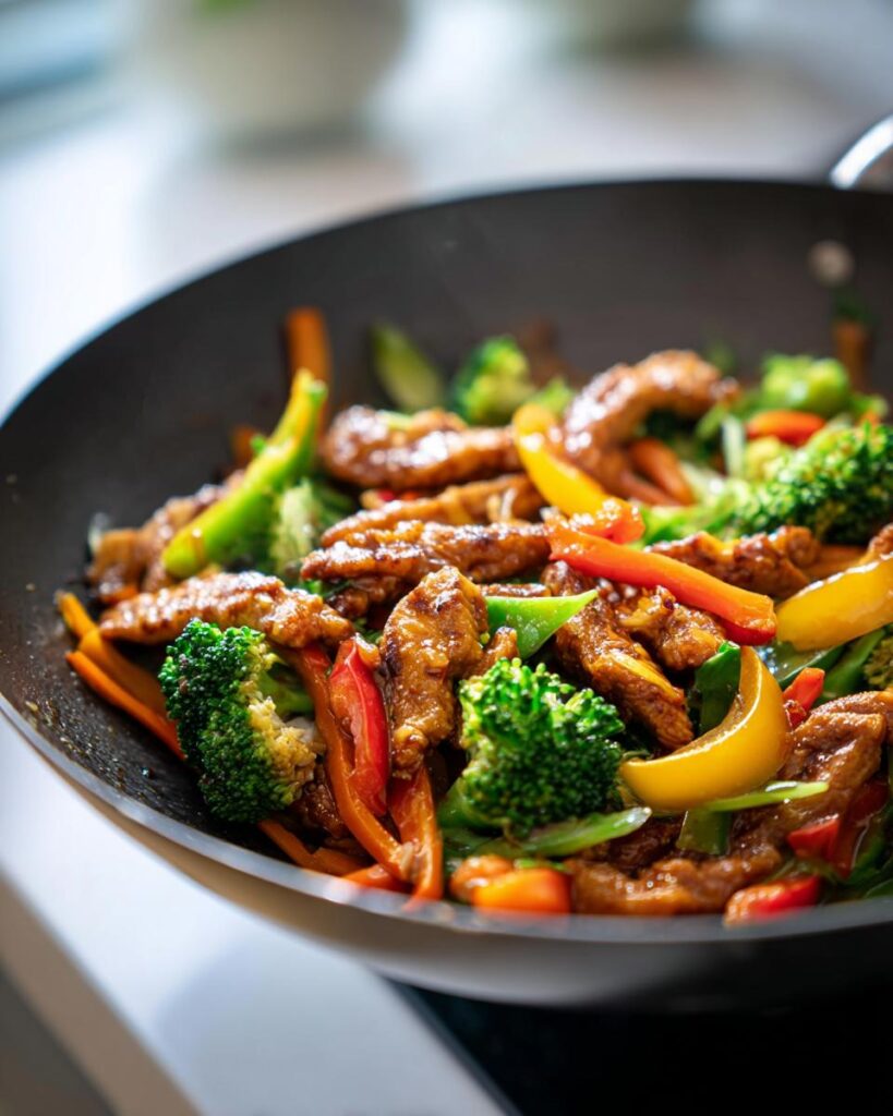 Wok filled with stir fry of beef strips, broccoli, and colorful bell peppers for ramadan easy dinner recipes